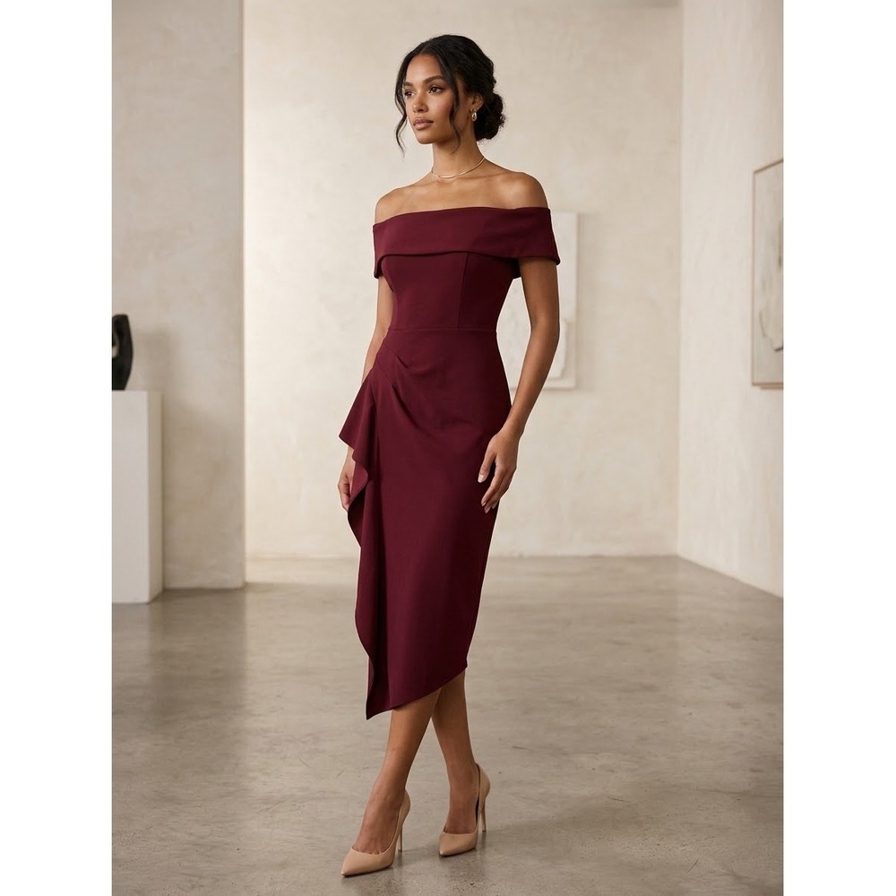 Betsy & Adam Burgundy Off The Shoulder Ruffle Sheath Formal Dress Wine Red 4